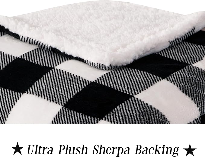 Elegant Comfort Luxury Ultra-Plush Velvet Touch Buffalo Plaid Fleece Throw - Soft, Warm, Cozy Micromink Sherpa-Backing Reversible Blanket for Bed, Sofa and Couch, Buffalo Black