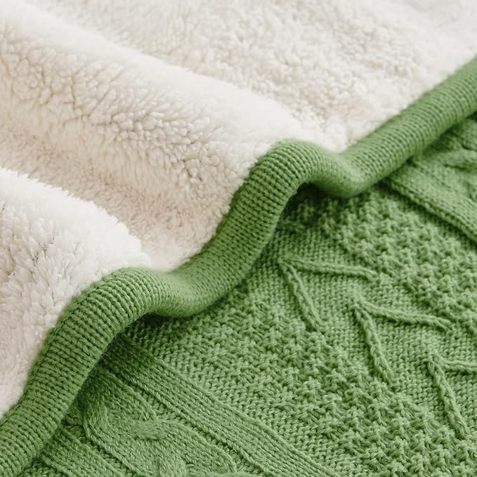 Longhui bedding Sage Green Acrylic Cable Knit Sherpa Throw Blanket - Thick, Soft, Big, Cozy Sage Green Knitted Fleece Blankets for Couch, Sofa, Bed - 50 x 63 Inches