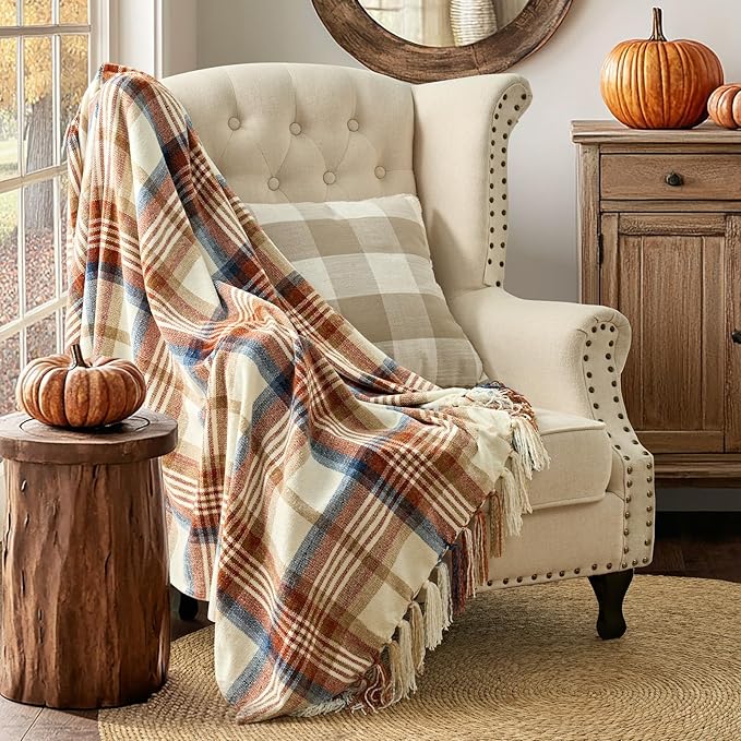 EverGrace Plaid Chenille Throw Blanket for Couch, Super Soft Cozy Decorative Fall Throw Blanket with Tassels for Bed Sofa Farmhouse Decor, Lightweight Harvest Plaid Throw Blanket for Autumn, 50"x60"