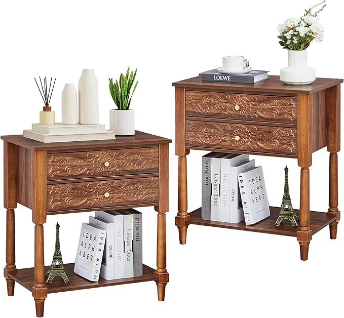 Nightstand, Farmhouse Bedside Table with 2 Drawers and Open Shelf, Wood Sofa Side Table End Table Accent Dresser for Bedroom, Living Room (with Shelf, Walnut)