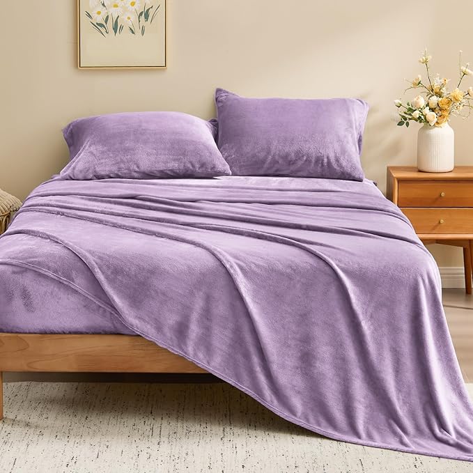 BEDELITE Flannel Sheets Twin Size Lavender - Super Soft Fleece Sheets Set Fluffy Extra Plush, 3 Piece(Include Fitted Sheet, Flat Sheet, 1 Pillowcase)