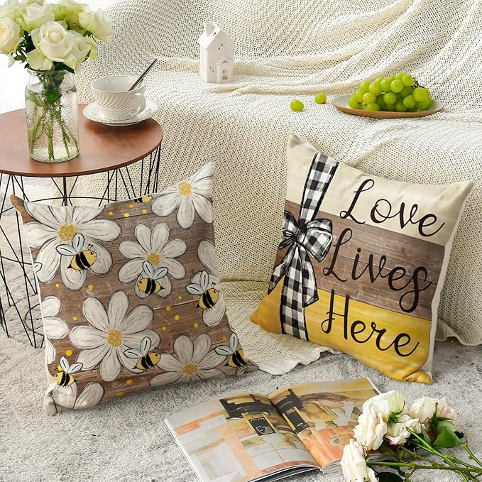 AVOIN colorlife Home Sweet Home Bee Daisy Throw Pillow Covers, 16 x 16 Inch Love Lives Here Spring Summer Stripes Polka Dots Cushion Case for Sofa Couch Set of 4