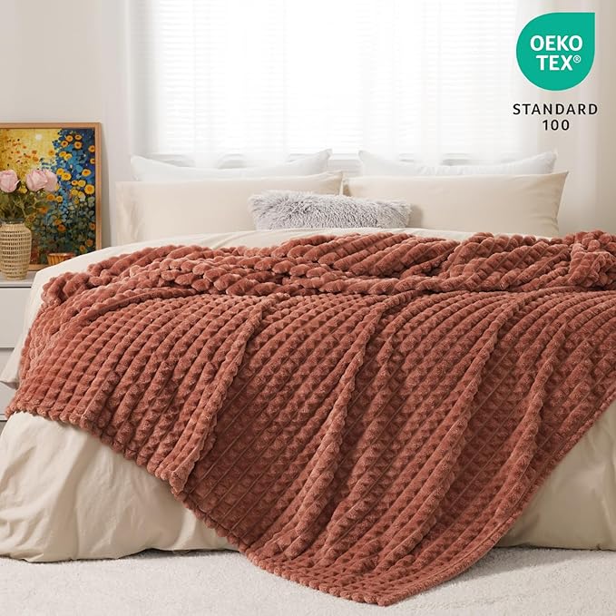 PHF Luxury Soft Fleece Blanket King Size, No Shed No Pilling, 380GSM Fluffy Cozy Throw Blankets for Bed, 108"x90",Lightweight Warm Bedding for Home Decor, Ideal Gift for Women, Burnt Umber