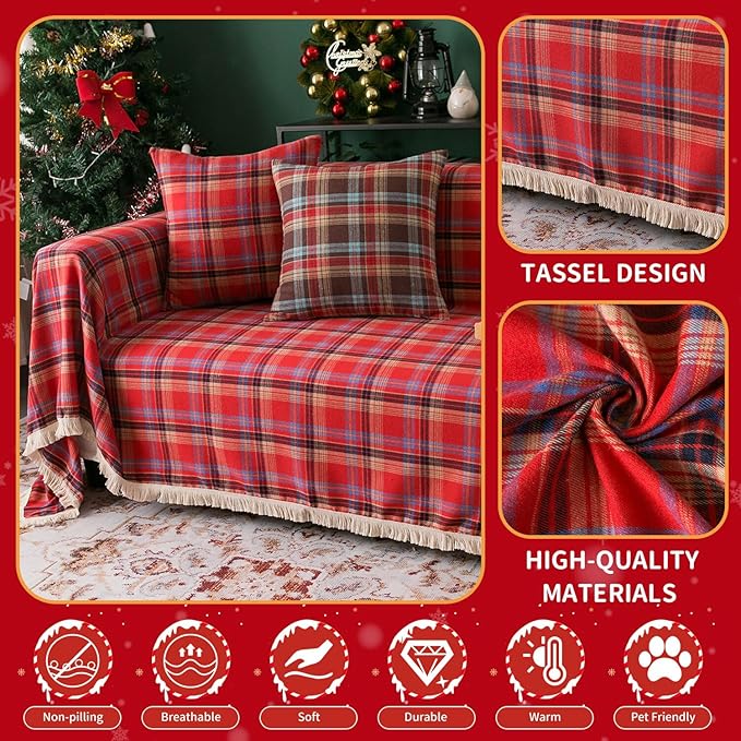 HANDONTIME Red Plaid Couch Cover Christmas Decorations, Sofa Cover for Couches Buffalo Check Sectional Couches Covers for Dogs Cats Red and Black Grid 3 Seater Cover Couch Cushion Covers, 71"x 134"