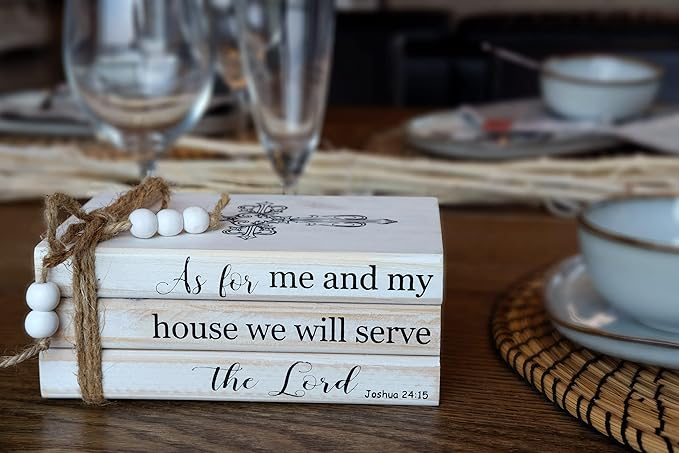 LIVDUCOT As for Me and My House We Will Serve the Lord Decor - Farmhouse Rustic Wood Decorative Books Stack for Home Coffee Table Living Room - Faux Books for Fireplace Mantle Bible Verses Decoration