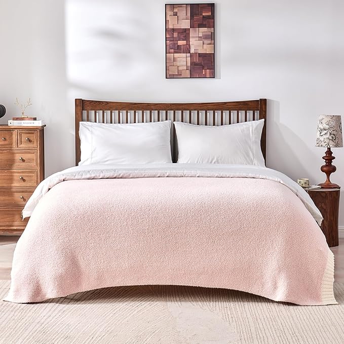 CozeCube Super Soft Fullfy Microfiber Reversible Knitted Blankets, Warm Cozy Fuzzy Plush Throw, Pink and White Melange Throw Blanket for Couch Bed Sofa, 50" x 60"