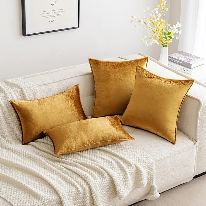MIULEE Dark Gold Velvet Throw Pillow Covers 22x22 Soft Decorative Solid Square Cushion Cases Pack of 2 Modern Luxury Home Decor for Couch, Sofa, Bedroom