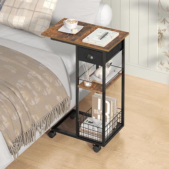 3-Tier Side Table with Wheels and 360° Rotation, C Table with Drawer, End Table for Couch, Space Saving Small Desk for Narrow Space, TV Tray, Vintage Bedside Table for Living Room, Bedroom