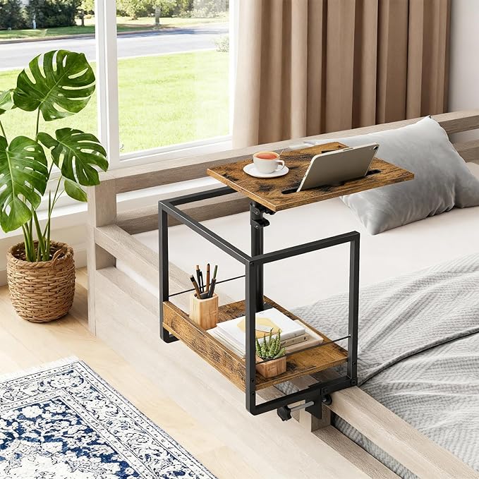 Bedside Shelf, Bed Shelf with 360° Rotating and Height-Adjustable Tray, Drom Side Tray Table, Nightstand with Storage for College, Bedroom, Rustic Brown and Black