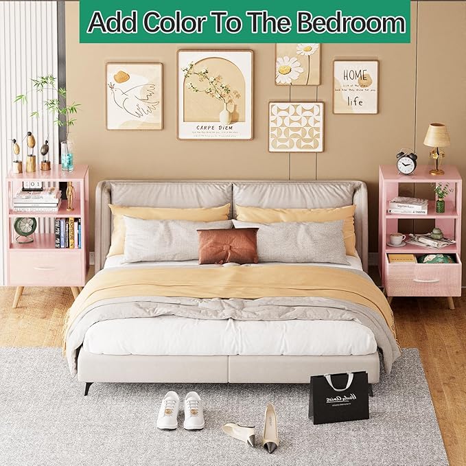 Night Stand, Pink Nightstand with Drawer, Side Table with Open Storage, 3-Tier Modern End Table, Bedside Table for Small Space, Living Room, Bedroom