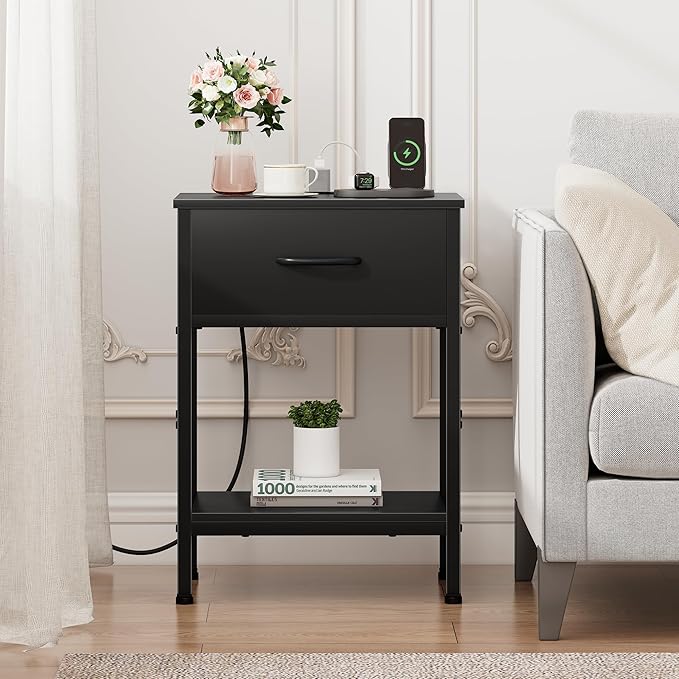 Vagusicc Nightstand Set of 2 with Charging Station, Bed Side Table with Fabric Drawer, Small End Table with 2-Tier Storage Shelves, 25.4" Tall Bedside Table, Black Night Stand for Bedroom, Living Room
