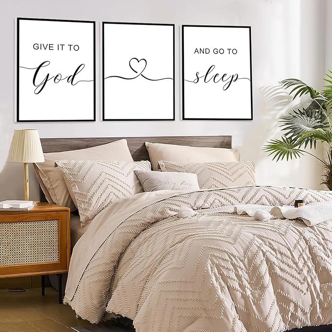Framed Give it to God and Go to Sleep Signs 36x16”, Above Bed Wall Decors, Black And White Bedroom Decor (12x16 inches, Set of 3, Framed, Black)