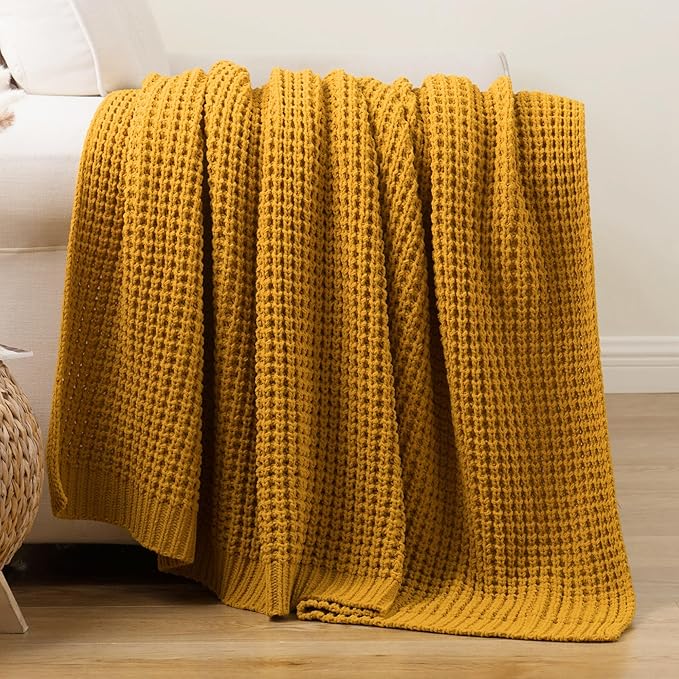 Bunnikins & Clover Knitted Waffle Throw Blanket 50x60 Inches, Mustard Yellow Throw Blanket for Couch, Soft Cozy Chenille Knit Blanket Warm Decorative Throw for Sofa