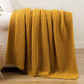 Bunnikins & Clover Knitted Waffle Throw Blanket 50x60 Inches, Mustard Yellow Throw Blanket for Couch, Soft Cozy Chenille Knit Blanket Warm Decorative Throw for Sofa