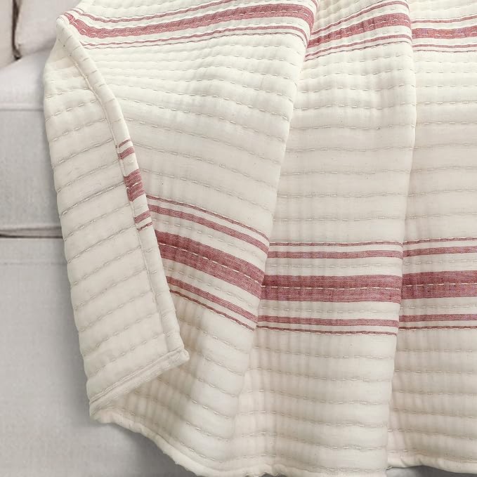 Lush Decor Farmhouse Stripe Kantha Pick Stich Yarn Dyed Cotton Woven Throw Reversible Ticking Pinstripe Design Blanket, 50" x 60", Red