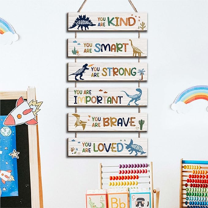 6 Pcs Dinosaur Decor Girls Room Decor Plaque Sign, Inspirational Watercolor Dinosaur Positive Quotes Wall Art Decor for Teens Bedroom Princess Toddler Room, Works of Art Made of Wood, Placards of Wood