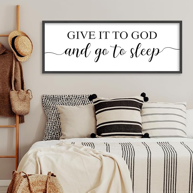 YWJKWLGS Give It To God And Go To Sleep Sign Large Bedroom Wall Decor Art 40x15 Inch Rustic Wooden Framed Above Over Bed for Peace Wall Hanging Plaque (Black)