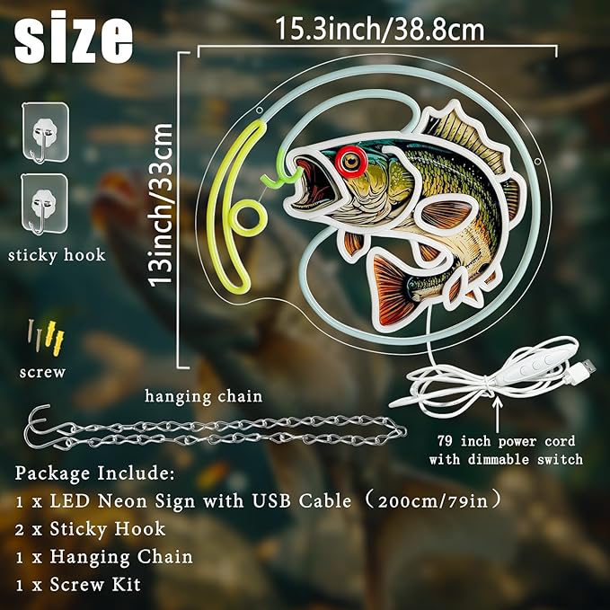 Fishing Neon Sign, Dimmable Fishing Hook Lights Neon for Wall Decor, Fishing Themed LED Neon Light Sign for Fishing Lovers Fishing Gear Store Man Cave Yacht Party Coastal Kitchen Bedroom Boy Presents (Fishing printing)