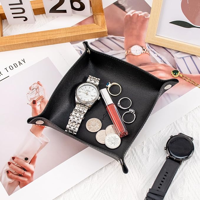 SANQIANWAN PU Leather Arc Edge Jewelry Valet Tray for Man and Women, Portable Mini Entryway Table Tray Bedside Nightstand Desk Tray Small Travel Dish Plate for Key,Wallet,Watch,Coin (Black)