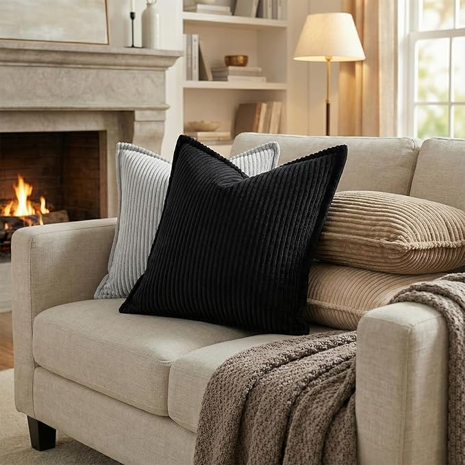 Mecatny Corduroy Throw Pillow Covers 16x16 Set of 2, Neutral Decorative Soft Boho Couch Pillow Covers with Broadside for Sofa Living Room, Black