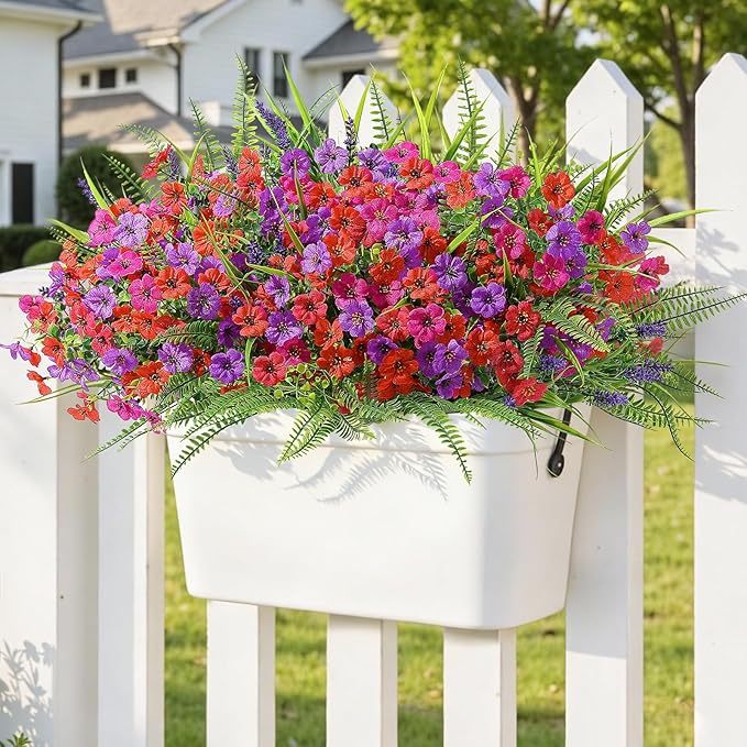 Alupssuc 36 Bundles Artificial Flowers for Outdoors Spring Planters Decoration, UV Resistant Faux Eucalyptus Violet and Lavender Silk Fake Plants for Outside Indoor Yard Home Patio Decor, Mix 3 Colors