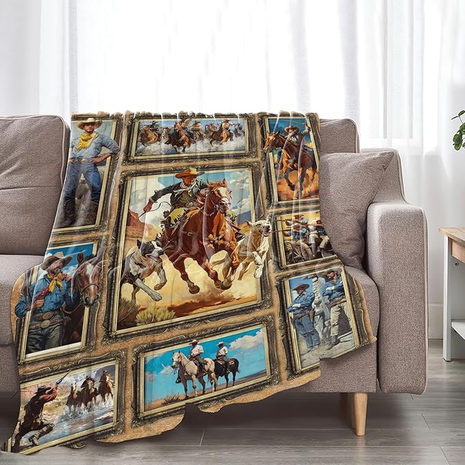 Western Cowboy Blanket for Girls Women Boys Men Adults Kids Soft Cozy Fleece Country Wild West Throw Blankets Gifts Warm Flannel Plush Stuff Lightweight Decorative for Couch Bed Sofa 60"X50"