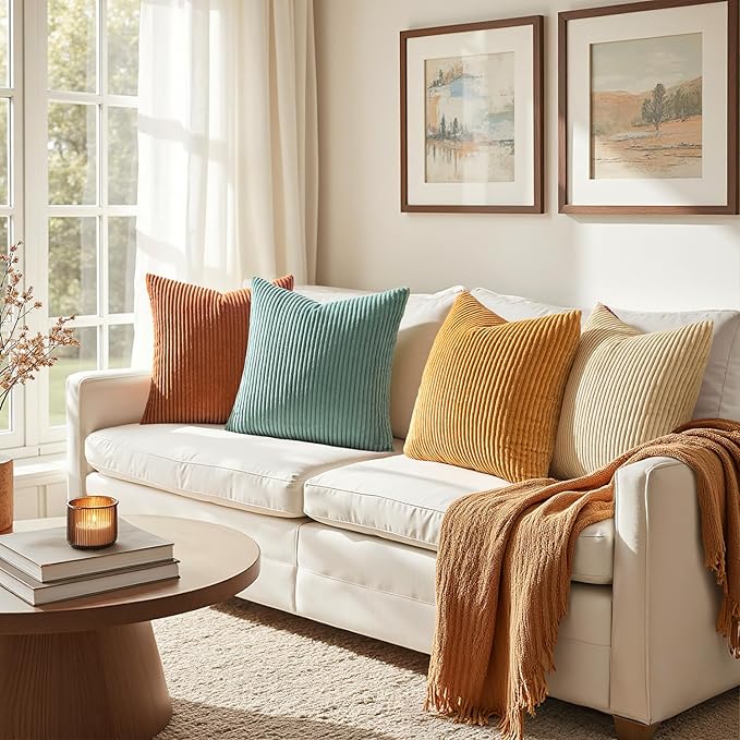 EMEMA Teal Orange Decorative Throw Pillow Covers for Couch Bed Livingroom 18x18 Inch Set of 4 Boho Farmhouse Corduroy Striped Square Pillow Case,Western Modern Cushion Covers Spring Home Decor