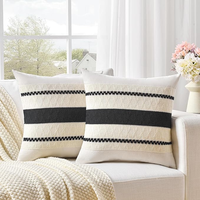 Fancy Homi Set of 1 Boho Black Big Decorative Throw Pillow Cover 24x24 Inch for Couch Bed Bedroom, Aesthetic Modern Organic Farmhouse Room Decor, Soft Cotton Accent Macrame Woven Cushion Case