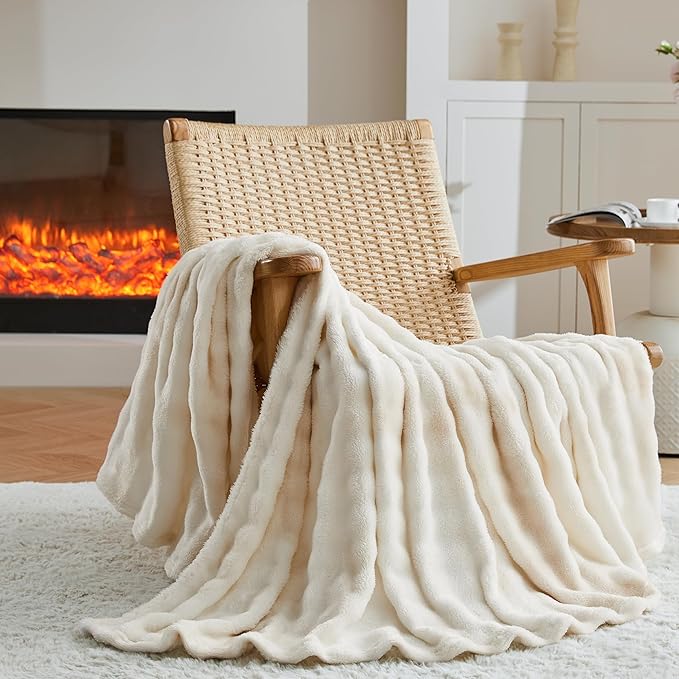 3D Bubble Plush Blanket Textured Fleece Throw Soft Warm Cozy Blanket Couch Bed Tie Dye Beige 60x80 Inches
