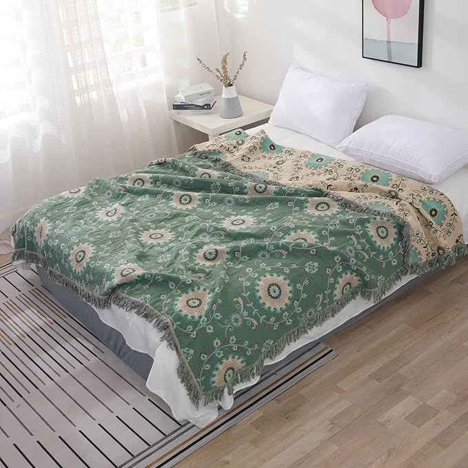 Boho Throw Blanket for Bed 100% Cotton Ultra Soft Rustic Quilt Spring Blanket Floral Printed Farmhouse Decor Bed Blankets,60"x80" All Season Rustic Throw for Sofa Couch Chair