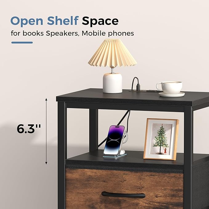 DUMOS Nightstand Set of 2 with Wireless Charging Station Bed Side Tables with Adjustable Fabric Drawers 3-Tier Storage End Tables Modern Design,Black and Brown