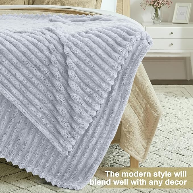 decorUhome Soft Fleece Light Grey Throw Blanket for Couch, Cozy Fluffy Plush Flannel Striped Blanket for Sofa Bed, Lightweight Decorative Ribbed Fuzzy Blanket for Woman, 50x60 Inches