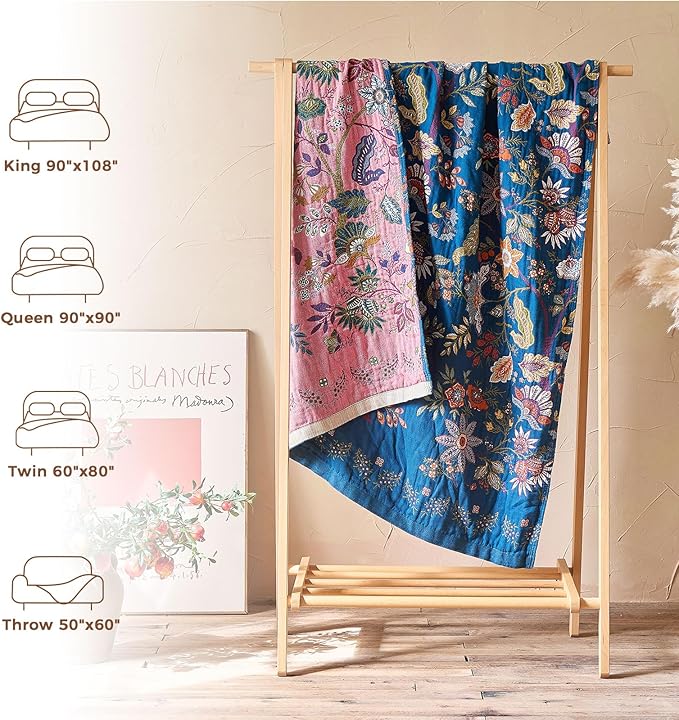 Boho Throw Blanket for Bed Cotton Spring Blankets Bedroom Living Room Twin All Season Lightweight Floral Embroidery Quilt for Couch Sofa Chair 60"x80"