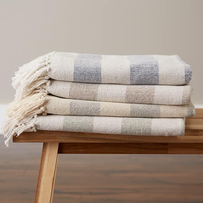 DII Rustic Farmhouse Cotton Cabana Striped Blanket Throw with Fringe, 50 x 60 - Cabana Striped Artichoke
