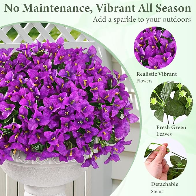 Yastouay 8 Bundles Artificial Flowers for Outdoors, Realistic Bougainvillea Fake Flowers for Outside, UV Resistant Silk Outdoor Faux Plants for Porch Patio Planter Front Door Garden Decor(Fuchsia)