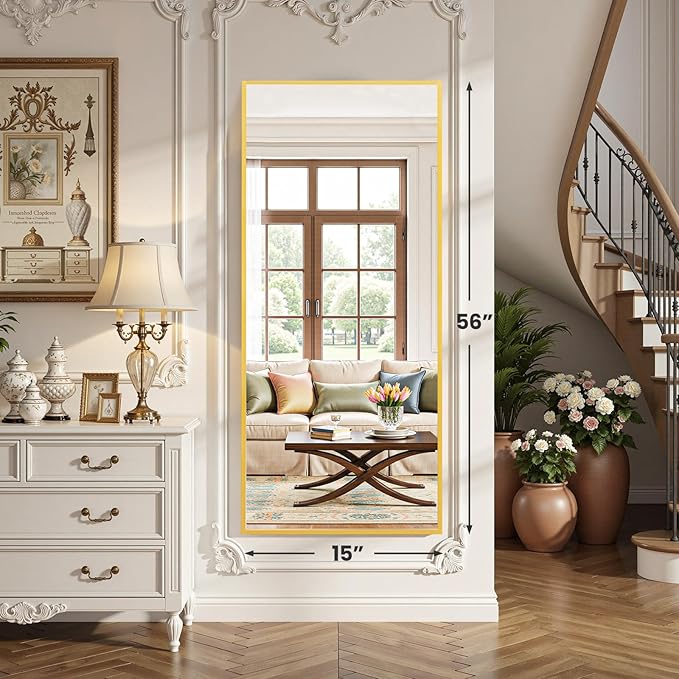 DUMOS Full Length Mirror for Bedroom, 56"x15" Full Body Mirror with Stand, Hanging or Leaning for Wall, Aluminum Alloy Thin Frame Floor Standing for Living Room, Long, Gold