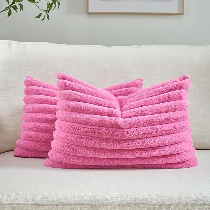 FUTEI Hot Pink Decorative Throw Pillow Covers Set of 2, 12x20 Inch Soft Fluffy Faux Fur Plush Striped Lumbar Pillowcases, Modern Home Decor for Couch Bed Living Room