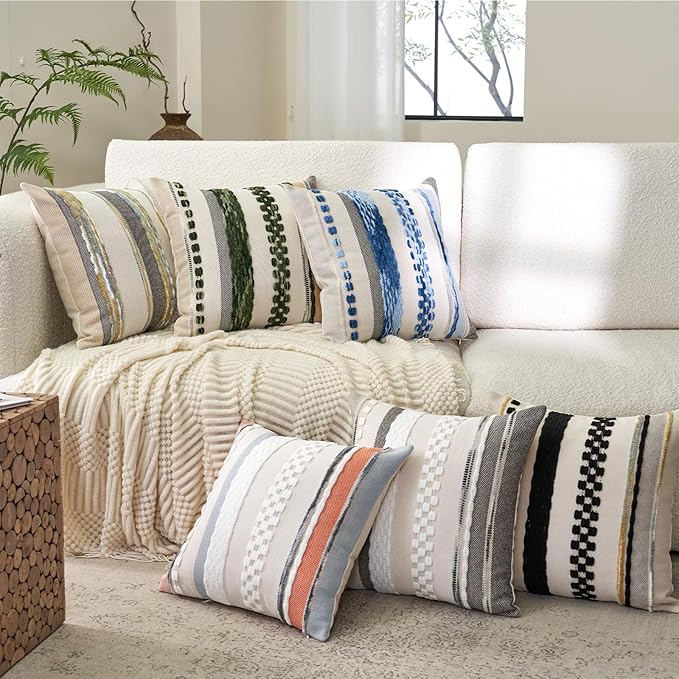 Aeckself Boho Throw Pillow Covers 18x18 Inch Set of 2, Farmhouse Decorative Striped Square Pillow Covers Chenille Tufted Pillow Cases Accent Neutral Pillowcase for Living Room Couch Bed, Gray