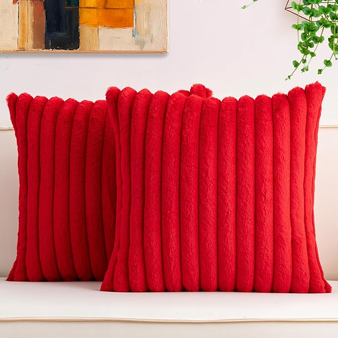 Aegero Pack of 2 Faux Fur Fall Throw Pillow Covers 16x16 Inch, Soft Plush Striped Neutral Couch Pillow Cover, with Velvet Back Modern Home Decor for Sofa Living Room Couch Bed Red