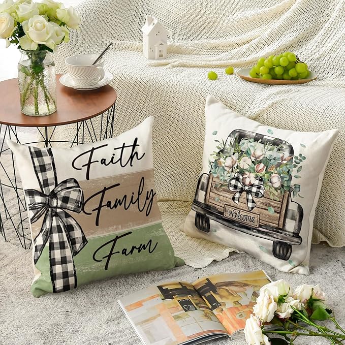 AVOIN colorlife Home Sweet Home Farmhouse Eucalyptus Leaves Throw Pillow Covers, 20 x 20 Inch Truck Stripes Buffalo Plaid Cushion Case Decorations Set of 4