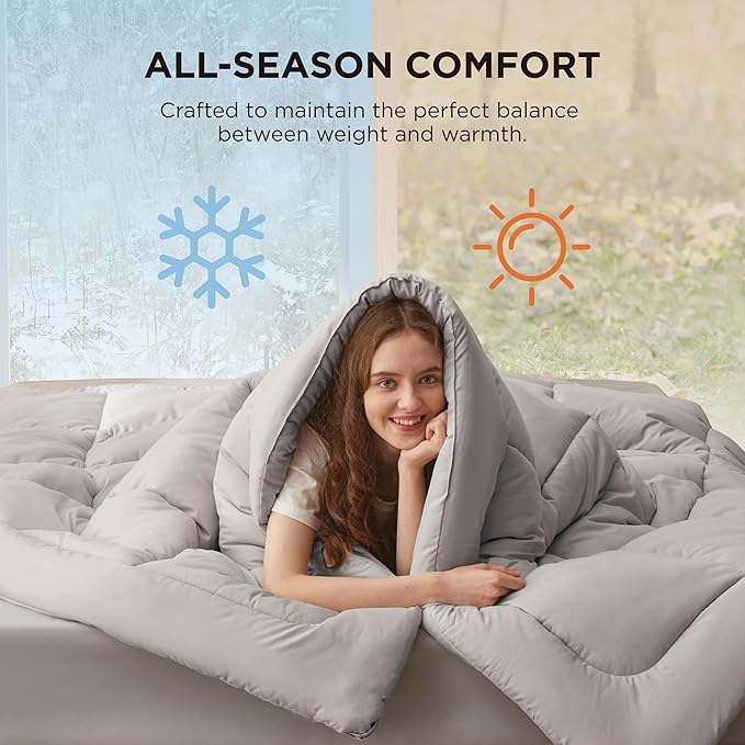 Bedsure Comforter Duvet Insert - Quilted Comforters King Size, All Season Duvet, GentleSoft Down Alternative Bedding, with 8 Tabs, Gifts for Women/Men, Light Grey, King 90 x 102 Inches
