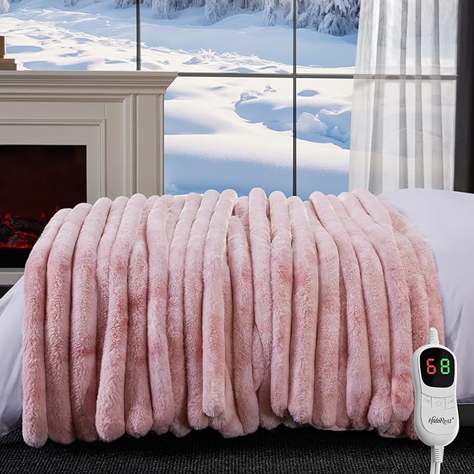 Heated Throw Blanket, Faux Fur Cozy Heating Blanket with Overheat Protection, 1/2/4/6/8 Hours Auto-Off 10 Heat Level, Machine Washable (72x84 I Inches, Tie-Dye Pink)