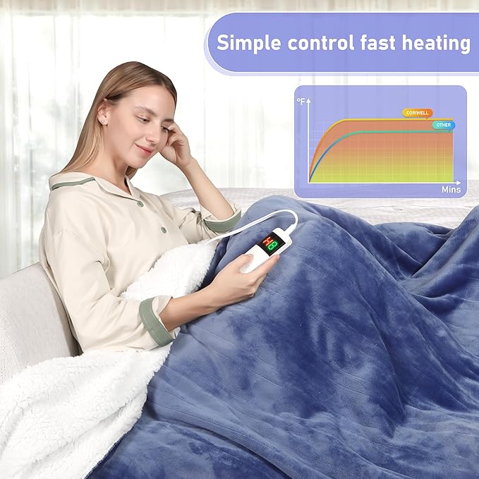 Heated Blanket Electric Queen Size, Soft Sherpa Flannel Heating Blanket Throw with Overheating Protection, 8 Hours Auto Off 10 Fast Heating Levels, Heat Blanket for Home & Office Machine Washable