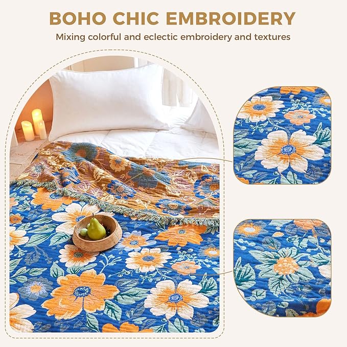 Boho Throw Blanket for Bed Cotton Spring Blankets for Bedroom Living Room Twin All Season Lightweight Floral Embroidery Quilt for Couch Sofa Chair 60"x80"