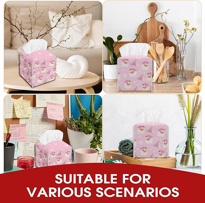 Pink Santa Claus Tissue Box Cover Holder, Christmas Trees Leather Tissue Box Cover Square, Xmas Gift Ideas for Family Friends, Bathroom Kitchen Car Office Home Table Decor(5.2 Inches)-B08