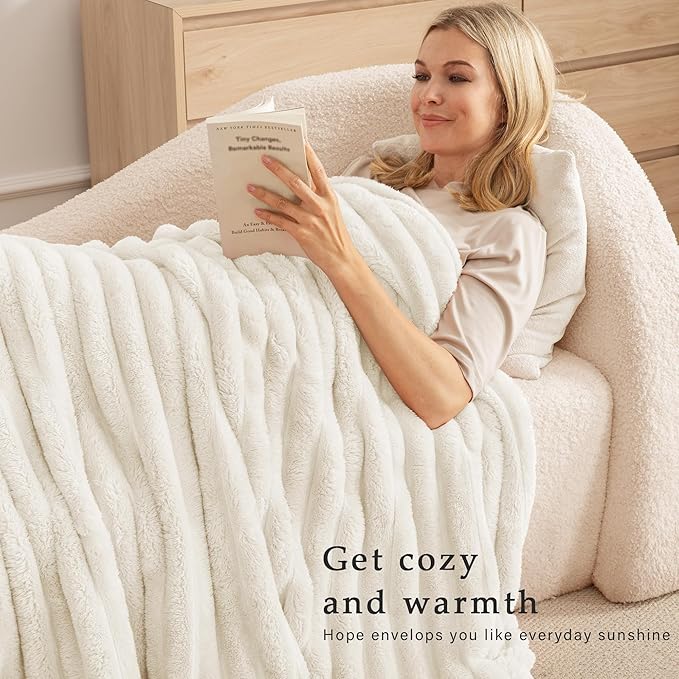 Exclusivo Mezcla California King Size Flannel Fleece Blanket, Super Soft Striped Jacquard Bed Oversized Blanket, Lightweight Fuzzy Cozy for All Seasons, 120x120 Inches, Ivory