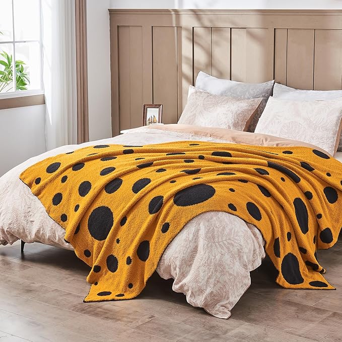 CozeCube Super Soft Fullfy Microfiber Reversible Knitted Blankets, Warm Cozy Fuzzy Plush Throw, Black and Yellow Polka Dot Throw Blanket for Couch Bed Sofa, 50" x 60"
