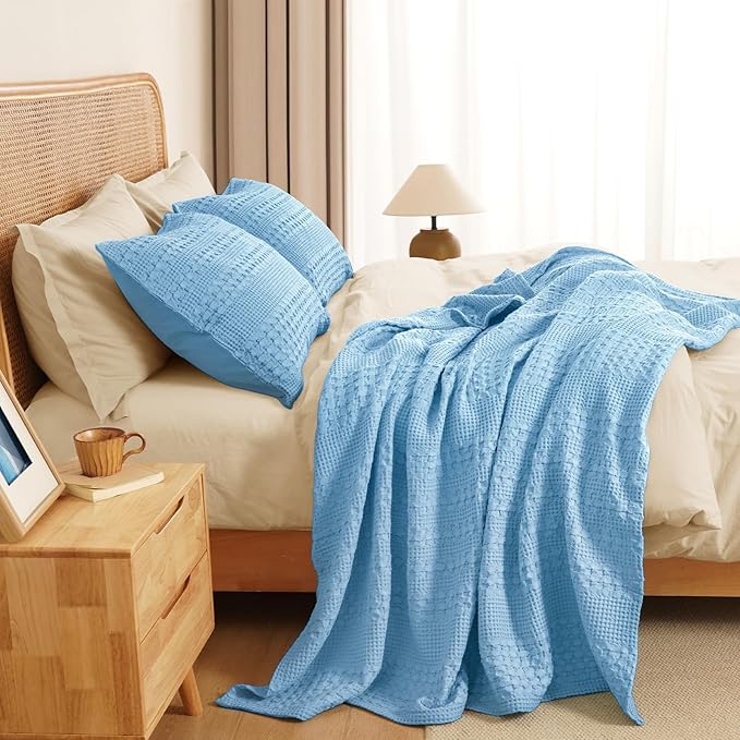 PHF 100% Cotton Waffle Weave Throw Blanket, Soft Lightweight Breathable Cozy Throws for Couch Bed Sofa, Luxury Aesthetic Blanket Gift for Home Decor & Office, 50"x60", Airy Blue