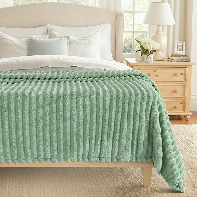 decorUhome Soft Fleece Sage Green Blanket Queen Size for Bed, Cozy Fluffy Plush Flannel Large Striped Throws for Couch Sofa, Lightweight Decorative Fuzzy Blanket for Woman, 90x90 Inches