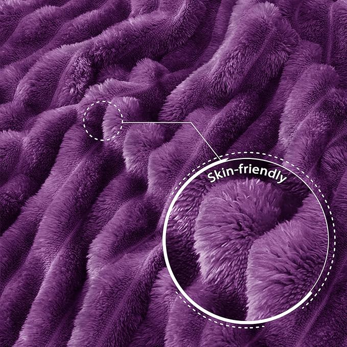 Exclusivo Mezcla Queen Size Flannel Fleece Blanket, Super Soft Striped Jacquard Bed Blanket, Lightweight Fuzzy Cozy for All Seasons, 90x90 Inches, Purple